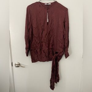 Mango Burgundy Long Sleeve Satin Blouse with Side Bow Size M/ 6